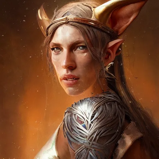 Image similar to A detailed oil portrait of an elf woman with small horns of copper and copper dragon scales covering her arm and neck wearing a simple white robe, by greg rutkowski, trending on artstation, dungeon and dragons art