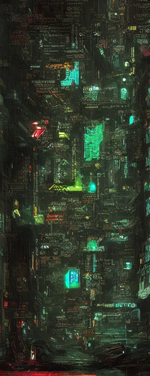 Image similar to a cyberpunk parchment with sketches and matrix rain, ancient text, neon, fractals, recursive, magic, technological, cyberpunk, lovecraft