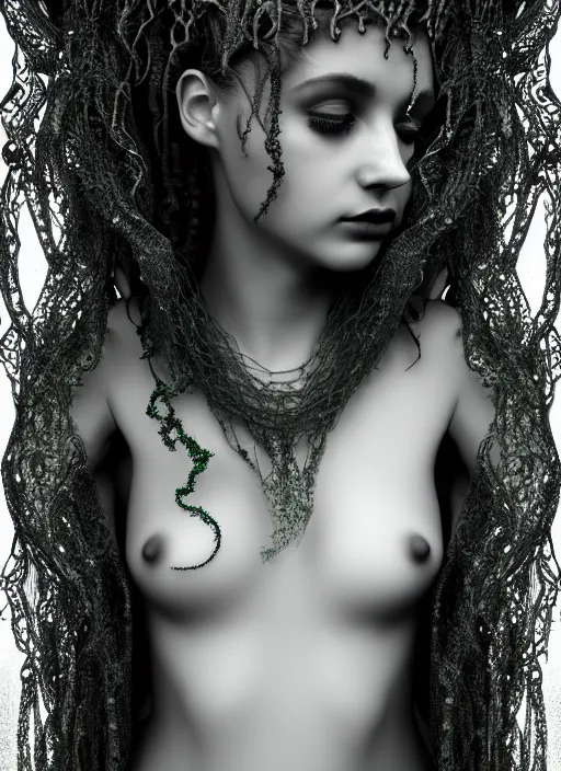 Image similar to surreal mythical dreamy dark artistic black and white fine art photo of a beautiful young female medusa - mermaid - cyborg covered with translucent algae, highly detailed, intricate crystal ivy jelly fish scales ornate, lace web, poetic, octane render, 8 k, photo - realistic, by man ray