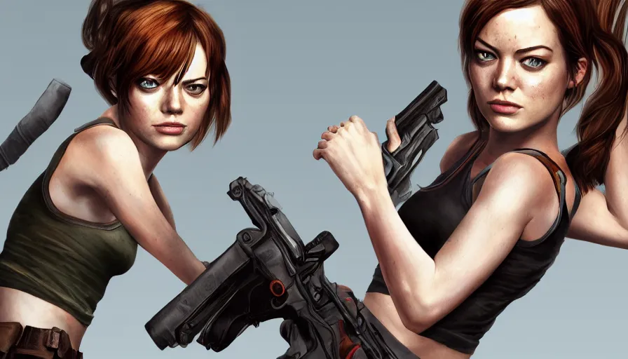 Image similar to emma stone is lara croft from tomb raider, grey background, hyperdetailed, artstation, cgsociety, 8 k