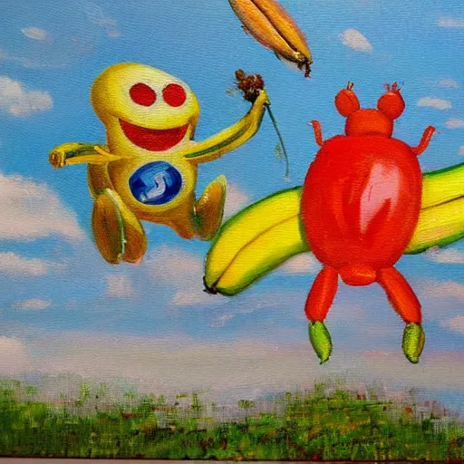 Image similar to oil painting impressionist stopwatch and banana flying through the air, ( bugs buzzing around ), whimsical, detailed,