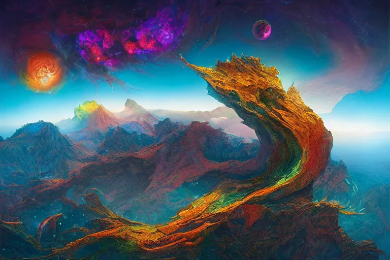 Prompt: 3 d render of a beautiful landscape at the end of the universe, vibrant by karol bak, by jeffrey smith, octane, unreal engine