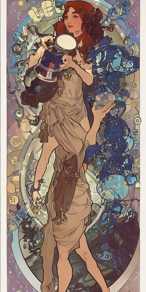 Prompt: a woman wearing outer space as a dress, pouring water from a vase into the milky way, by joe madura and boarder by alphonse mucha, battle chasers.