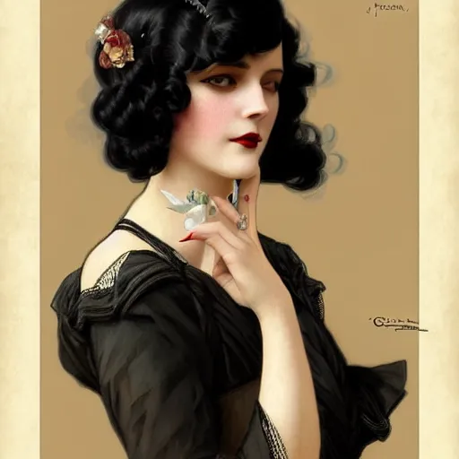 Image similar to a woman with black hair, dressed in 1920's fashion, D&D, fantasy, intricate, elegant, highly detailed, digital painting, artstation, concept art, matte, sharp focus, illustration, art by Artgerm and Greg Rutkowski and Alphonse Mucha