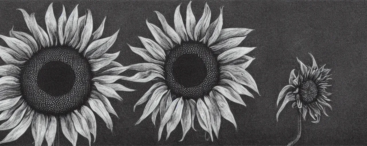 Image similar to a black and white sunflower, black minimalistic background, by Beksinski