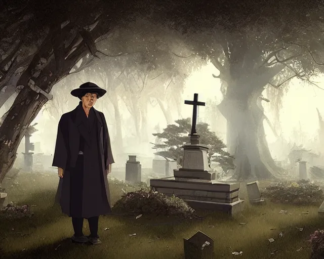 Image similar to a 50 year old brunnete chinese man Standing at a funeral in a cemetery next to the grim reaper, horror scene, dramatic, anime art, Greg Rutkowski, studio ghibli, dramatic lighting