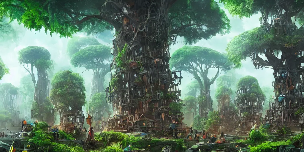 Image similar to giant tree creatures building a city in the middle of the jungle ,style by dylan cole, digital art, matte painting, artstation, concept art