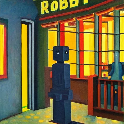 Prompt: robot cafe, blocky courtyard, grant wood, pj crook, edward hopper, oil on canvas