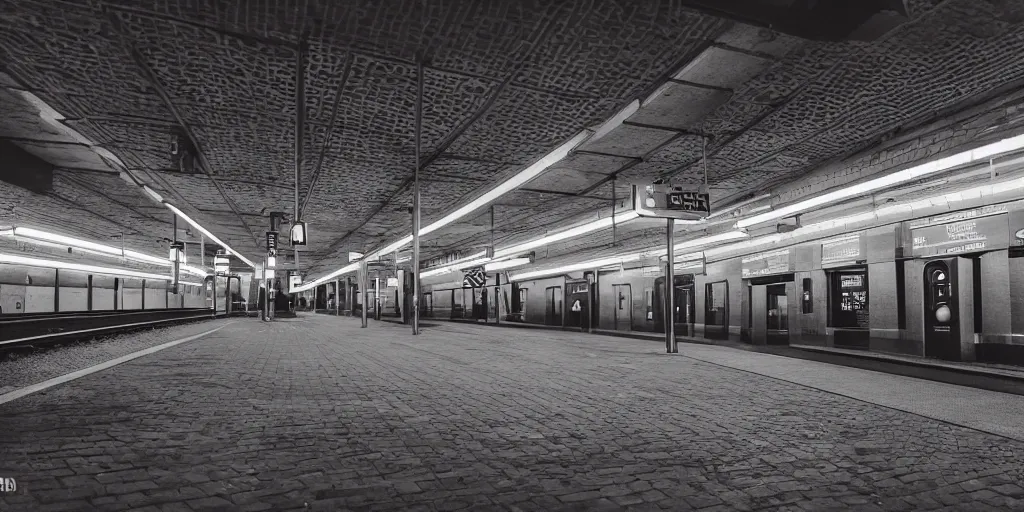 Image similar to empty subway station at night lit up by fluorescent, led and neon lights, night photography