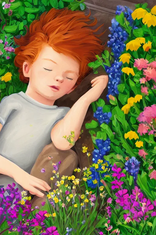 Image similar to a little boy with ginger hair curled up asleep in a lovely garden of flowers. clean elegant pretty cartoon painting, beautiful detailed face, storybook illustration.