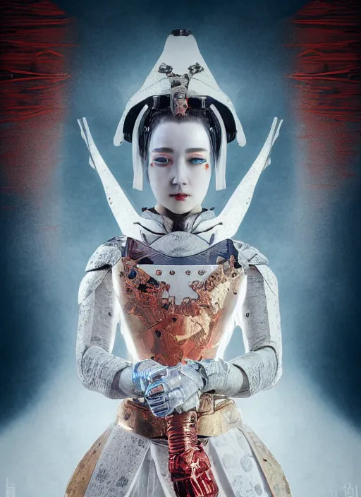 Image similar to portrait of futuristic king arthur knight cyborg geisha, kintsugi, modern fine art, fractal, intricate, elegant, highly detailed, digital photography, subsurface scattering, in the style of ghost, by jheronimus bosch and frank miller and greg rutkowski,