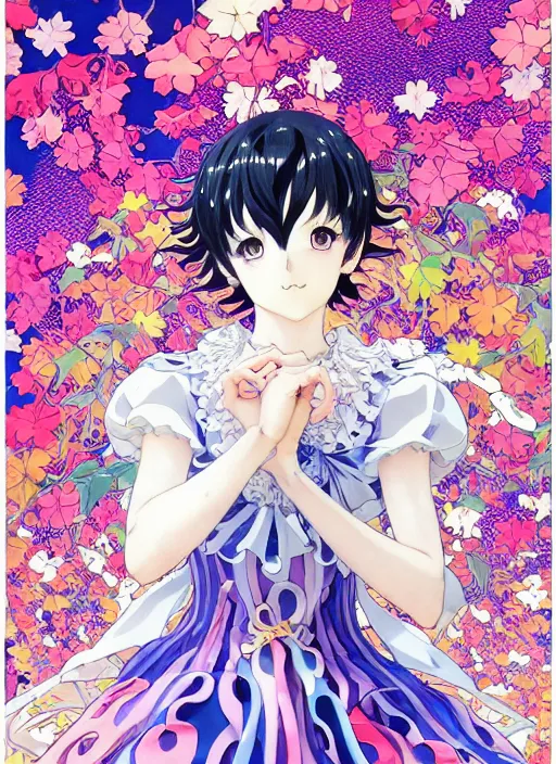 Prompt: manga poster of persona, rococo ruffles dress, pastel rainbow, pearlescent, shimmering, reflective, rim light, detailed background, by shigenori soejima. takeshi obata, minaba hideo, shigenori soejima, alphonse mucha, illustration,, artstation, pivix, concept art, highly detailed, colorful, maximalist