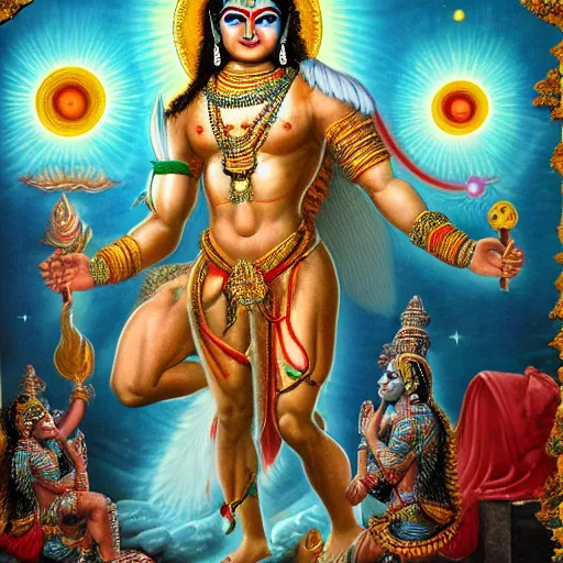 Image similar to lord vishnu, full body picture, bodybuilder, birth of the universe, multiverse, realistic, full HD, high quality, 4k