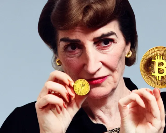 Image similar to ayn rand holding a golden bitcoin, commercial photo by david hamilton for vogue