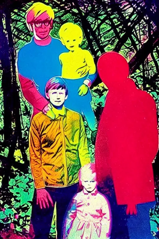 Image similar to ( ( ( ( ( a family in the forest garden with soap bubbles, pop art ) ) ) ) ) by andy warhol and bill sienkiewicz!!!!!!!!!!!!!!!!!!!!!!!!!!!!!!