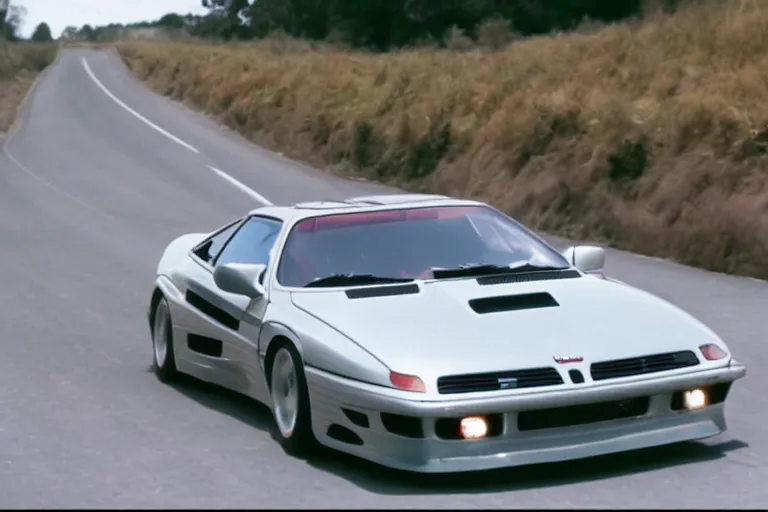 Image similar to vintage archival race footage of a single 1995 Vector W8 Twin Turbo, with elements of the BMW M1, movie still, speed, cinematic Panavision 5384 film