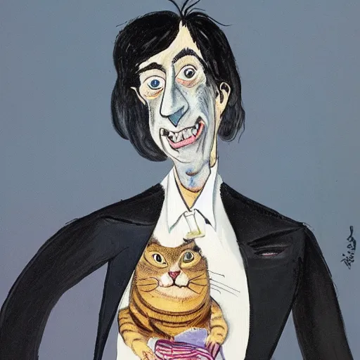 Image similar to a detailed portrait painting of a man with a cat on his back by gerald scarfe