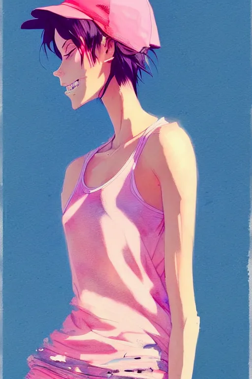 Image similar to a ultradetailed beautiful painting of a stylish woman in a pink tank top, by conrad roset, greg rutkowski and makoto shinkai trending on artstation