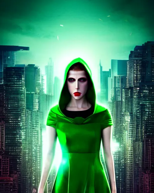 Prompt: Flore Maquin art, cinematics lighting, beautiful Anna Kendrick supervillain, green dress with a black hood, angry, symmetrical face, Symmetrical eyes, full body, flying in the air over city, night time, red mood in background