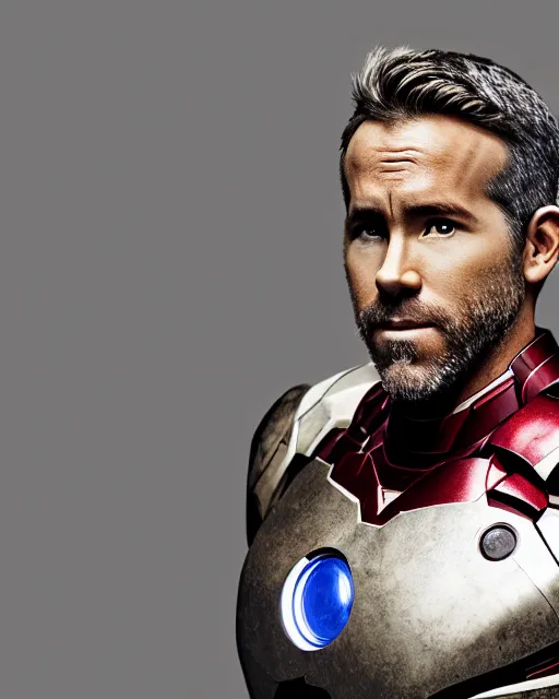 Prompt: ryan reynolds wearing an iron man suit without the mask, dramatic, studio lighting, photoshoot