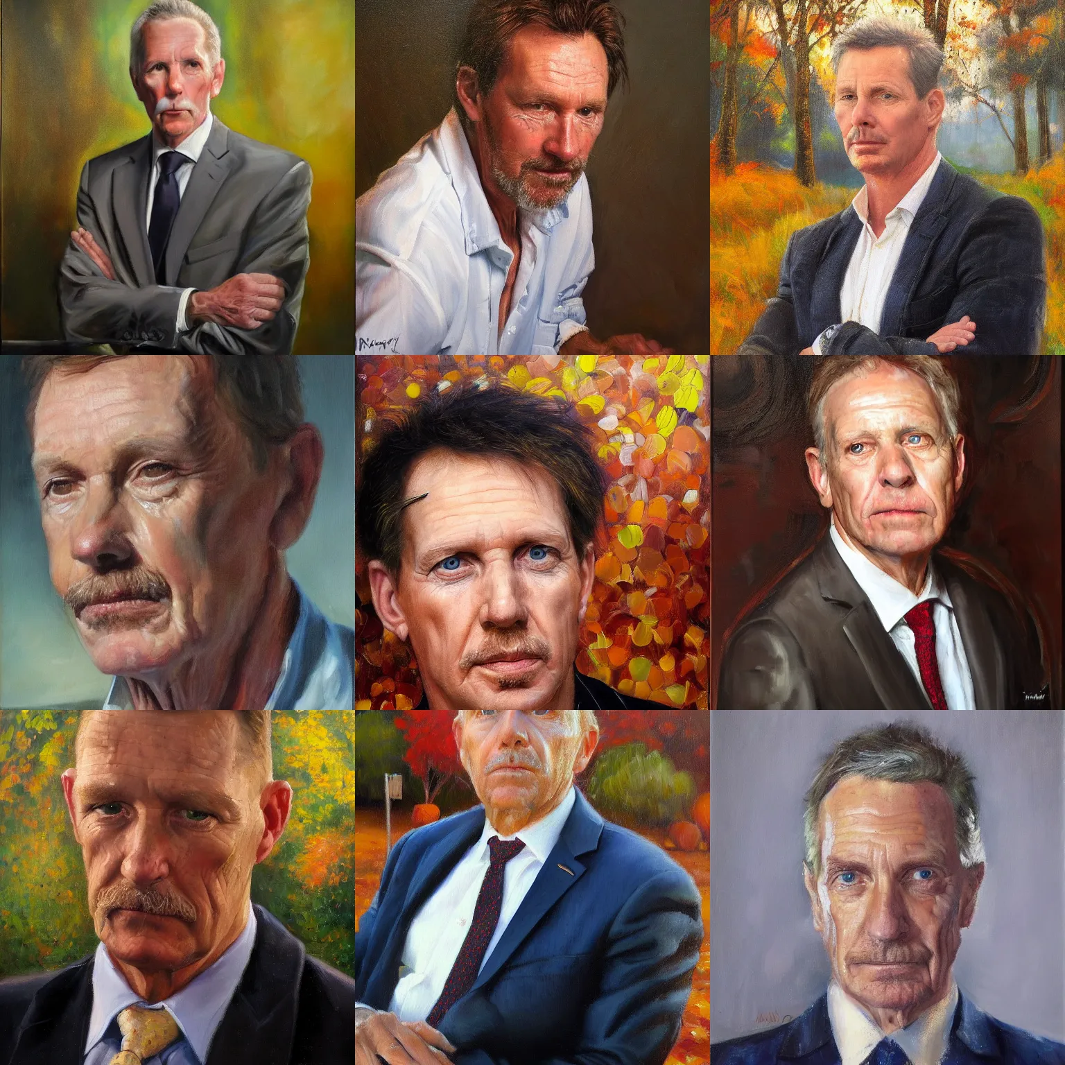Prompt: stunning portrait of Paul Barry from ABC Media Watch by Mark Arian, oil on canvas, masterpiece, realism, piercing gaze, autumn bokeh