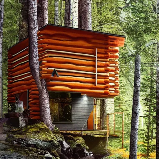 Image similar to Ramped Entrance - 'Woodnest' Cabin Is a Tiny Self-Supported Tree House in This Norwegian Forest, orange dawn, Nice colour scheme, soft warm colour. Studio Gibli. Beautiful detailed watercolor by Lurid. (2022)