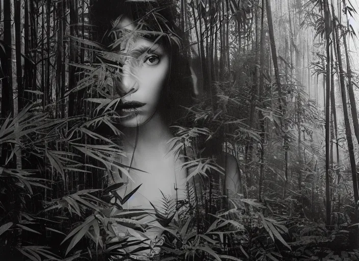 Image similar to a female model with long black hair, emerging from a dense misty forest of fern plants and bamboo wearing camouflage by yohji yamamoto, in the style of daido moriyama, double exposure, camera obscura