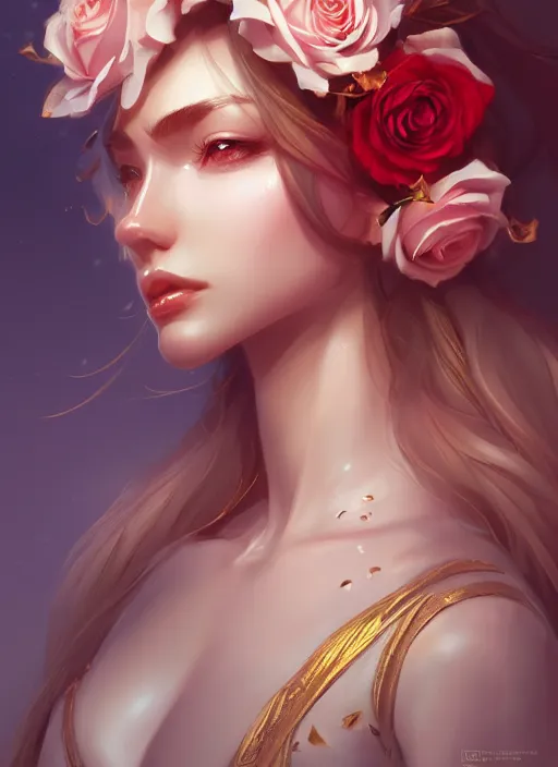 Image similar to modern goddess of beauty wide angle view, roses, flowers, gold, diamonds, highly detailed, artgerm, cushart krenz, artstation, soft light, sharp focus, illustration, character design, concept art