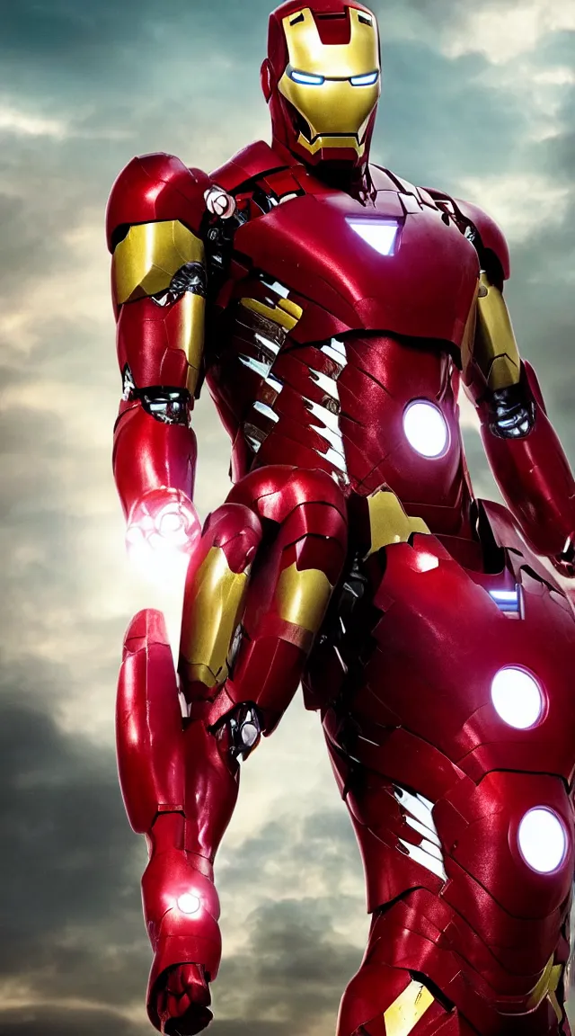 Image similar to Iron man in a hellish suit, novie frame, cinematic lighting