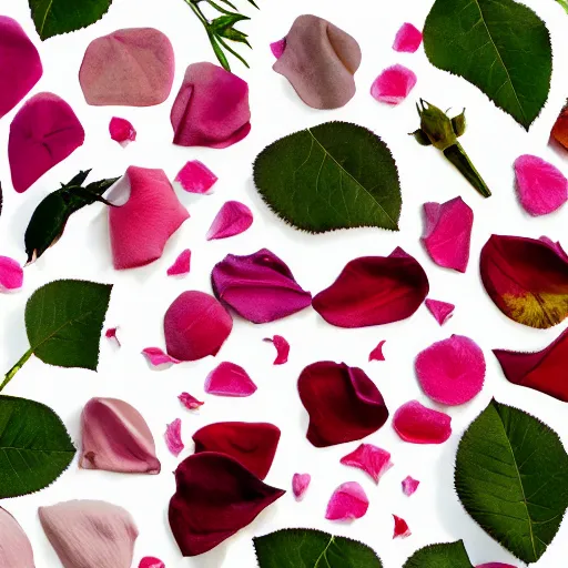Image similar to various kinds of separate rose petals, botanical illustration, white background, 8 k