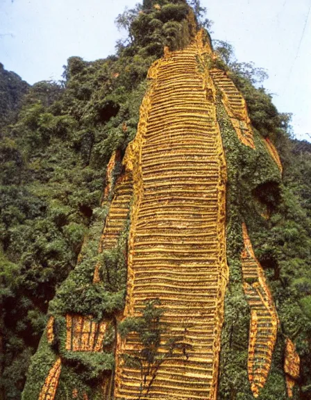 Image similar to vintage color photo of a 1 1 0 million years old inca gold sculpture covered by the jungle vines