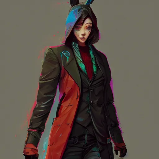 Prompt: vivid colors, character sheet, fine details, front view, greg rutkowski, kim jung gi, human, suit vest, longcoat, androgynous, female