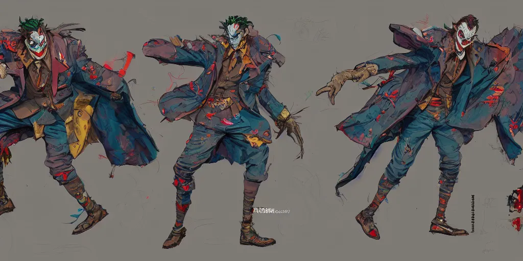 Image similar to cartoonish joker dancing in the night, vivid colors, character sheet, fine details, concept design, contrast, kim jung gi, greg rutkowski, enki bilal, trending on artstation, 8 k, full body, turnaround, front view, back view, ultra wide angle