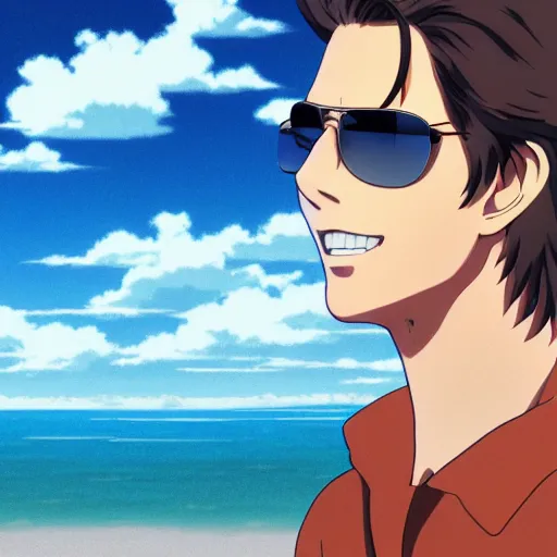 Image similar to anime fine details portrait of Tom cruise at beach anime masterpiece by Studio Ghibli. 4k render.