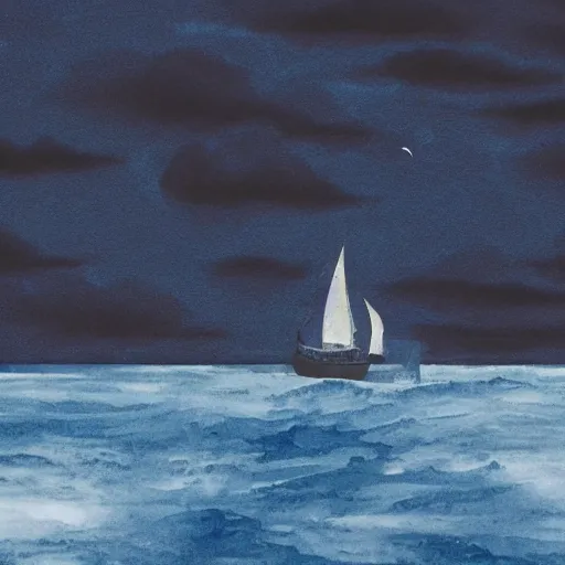 Image similar to a ship which is sailing in dark sea sky is dark blue and clouds and thunderstorms coming in far waves are big detailed picture