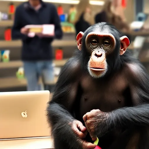 Image similar to a chimpanzee shopping in an apple store