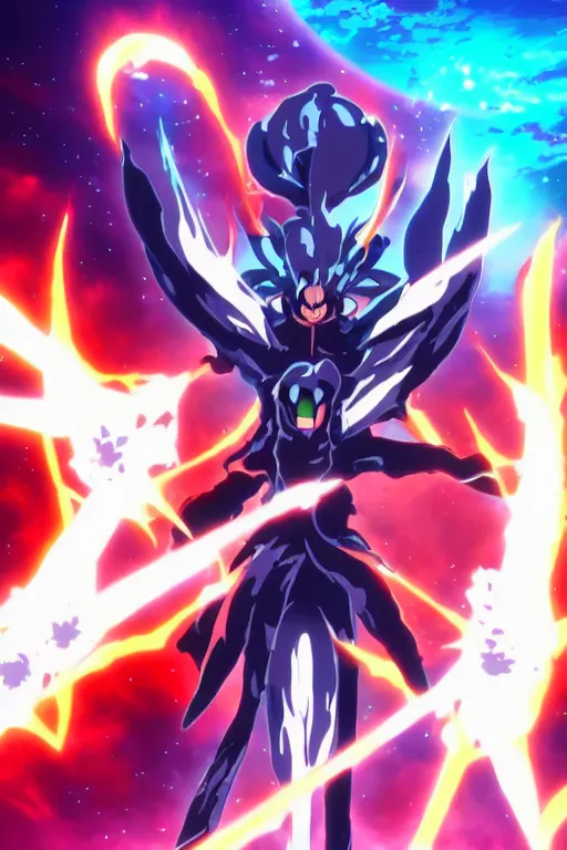 Image similar to Anime of Horrific cosmic abyssal formless creature wielding a powerful planet destroying weapon to pierce the heavens full body portrait , 8k, anime aesthetic, cinematic, dramatic, ominous, symmetrical