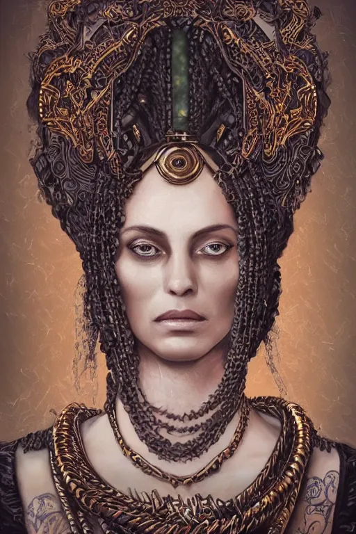 Image similar to portrait, headshot, digital painting, of a 17th century, beautiful, middle aged, middle eastern, wrinkles, decadent, cyborg noble woman, dark hair, piercings, chains, tribal scars, amber jewels, baroque, ornate dark green opulent clothing, scifi, futuristic, realistic, hyperdetailed, concept art, dramatic backlighting, golden hour, cinestill, art by syd mead