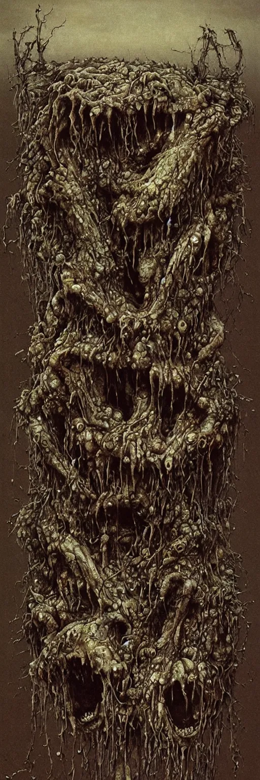Prompt: disgusting, vile, rotten, filthy, vomit, insectoid, insect, infestation, gross, repugnant, crazy, insane, fangs, evil, style of zdislaw beksinski