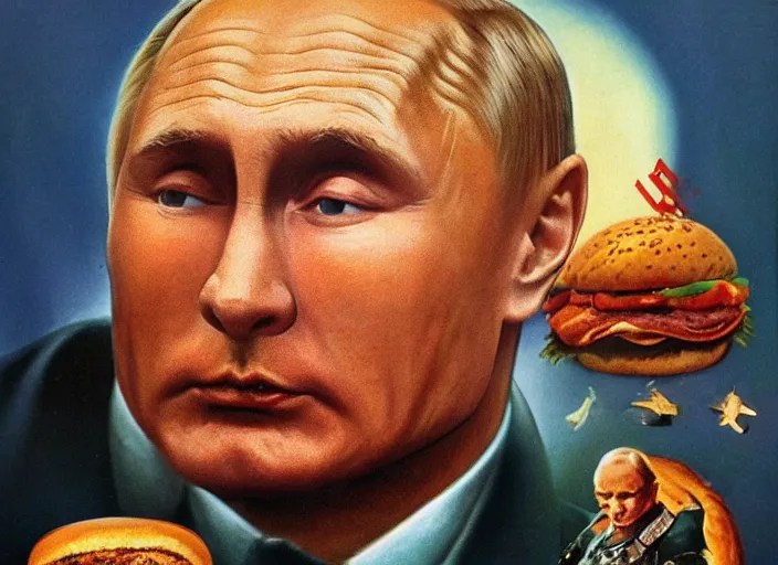 Image similar to face of a putin jammed between hamburger buns, leaking with puss, 4k, trending on artstation, Frank Frazetta, Norman Saunders