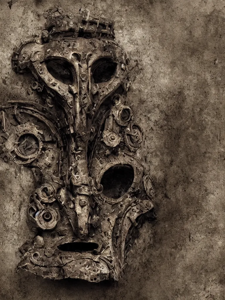 Image similar to extra wide view. an ominous dark ancient mask. barron. worn out photography. sepia. cracks. hyper - detailed. gothic steampunk. low poly medieval baroque. symmetric. epic. hyper - realistic. unreal render.