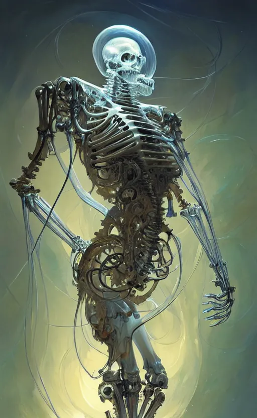 Image similar to Cyborg biomechanical jellyfish skeleton, sci-fi, highly detailed, digital painting, artstation, concept art, smooth, sharp focus, illustration, art by artgerm and greg rutkowski and alphonse mucha