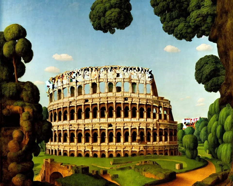 Prompt: an achingly beautiful print of the Colosseum in a jungle clearing with a cascading waterfall in the distance by Raphael, Hopper, and Rene Magritte. detailed, romantic, enchanting, trending on artstation.