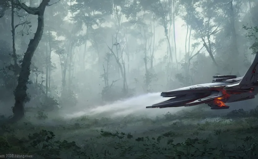 Image similar to a fighter design spaceship on fire crashed in a swamp forest, on the ground, smoke, smoke, cloudy air. Atmospheric lighting, overgrowth. By Makoto Shinkai, Stanley Artgerm Lau, WLOP, Rossdraws, James Jean, Andrei Riabovitchev, Marc Simonetti, krenz cushart, Sakimichan, trending on ArtStation, digital art.