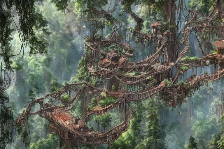 Image similar to a wood - elf village suspended high up in the redwood tree canopies, connected by rope bridges, fantasy setting, dense vegetation, very detailed, d & d concept art, 4 k