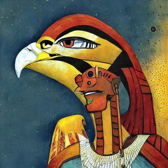Image similar to expresionistic painting of Horus the falcon headed egyptian god, by Enki Bilal, by Dave McKean