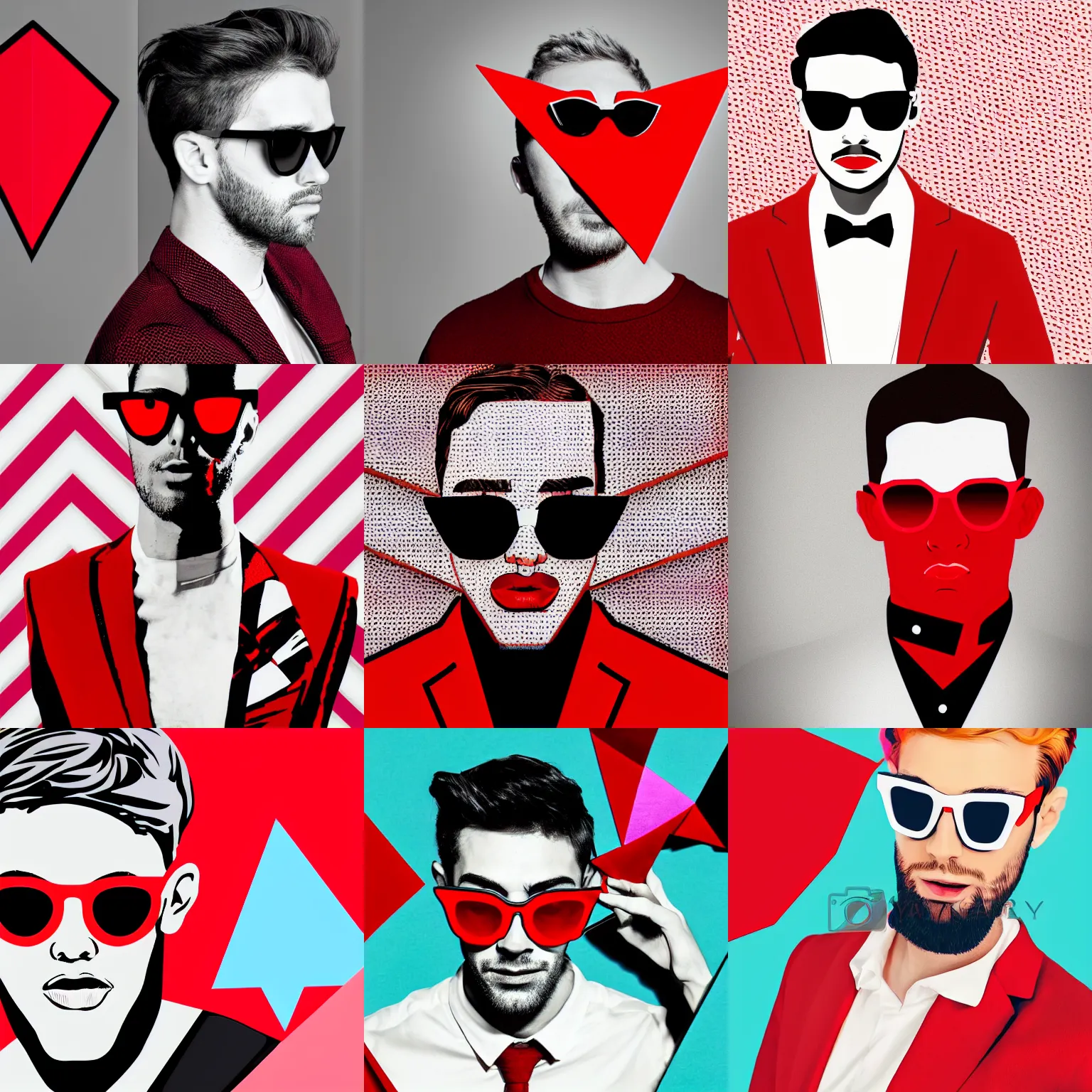 Prompt: portrait of a stylish man wearing triangular sunglasses, pop art, digital art, white and red color scheme