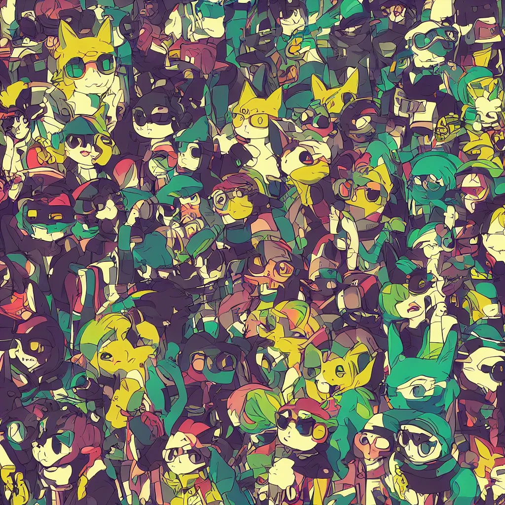 Image similar to cat heads, ryuta ueda artwork, jet set radio artwork, stripes, gloom, space, cel - shaded art style, broken rainbow, data, minimal, speakers, code, cybernetic, dark, eerie, cyber