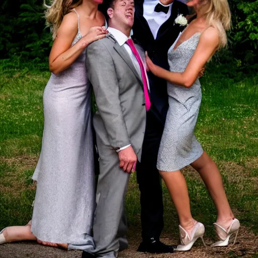 Prompt: two horribly deformed men in suits making out with two attractive blonde women dressed for a wedding party.