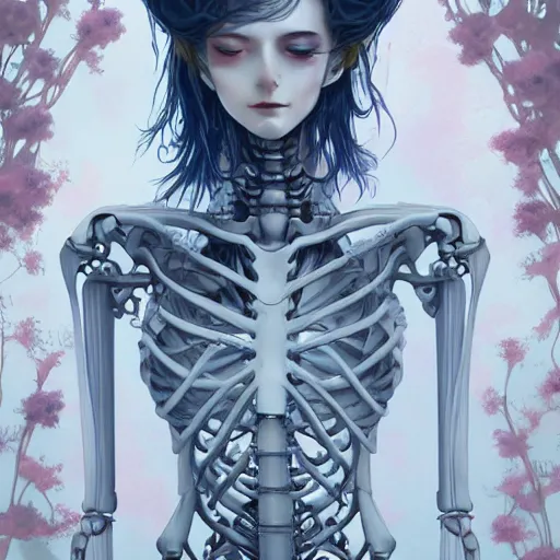 Image similar to Stunning Anime robotic Goddess part skeleton of the floral river flowers, misty, by cgsociety, in the style of Charlie Bowater, Tom Bagshaw, intricate, beautiful, artstation 8k, high resolution